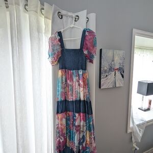 Blue and Pink Tiered Maxi Sundress with Puff Sleeves